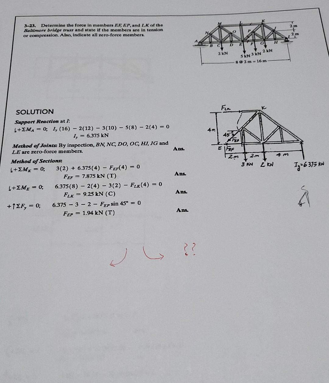 3 23 Determine The Force In Members Ef Ep And L K Of The Baltimore Bridge Truss And State If The Members Are In Tensio 1