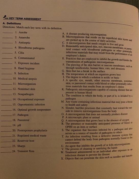 Form Key Term Assessment A Definitions Directions Match Each Key Term With Its Definition 1 Aerobe A A Disease Produ 1