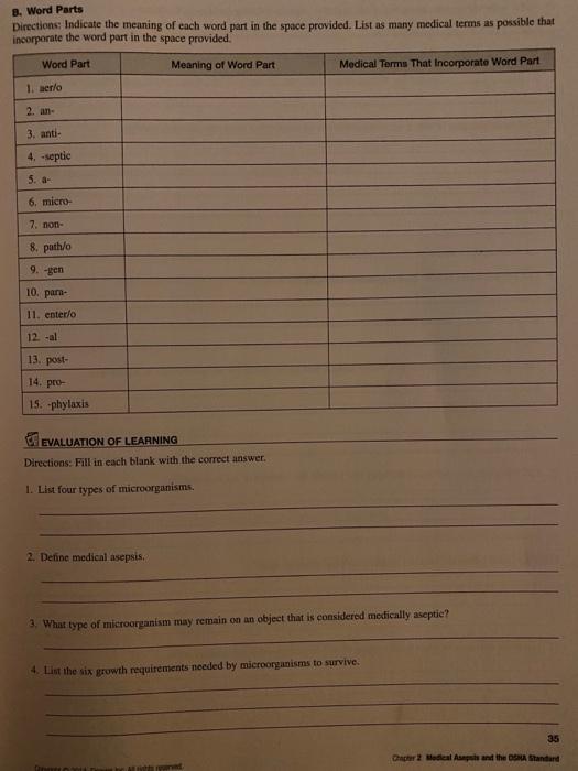 8 Word Parts Directions Indicate The Meaning Of Each Word Part In The Space Provided List As Many Medical Terms As P 1