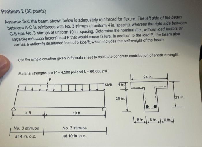 Problem 2 30 Points Assume That The Beam Shown Below Is Adequately Reinforced For Flexure The Left Side Of The Beam B 1