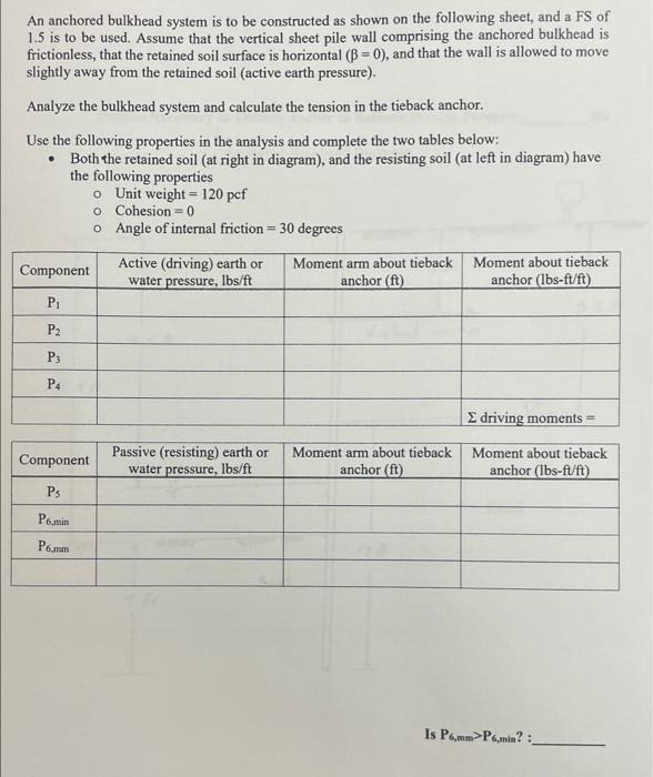 An Anchored Bulkhead System Is To Be Constructed As Shown On The Following Sheet And A Fs Of 1 5 Is To Be Used Assume 1