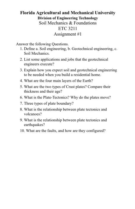 Florida Agricultural And Mechanical University Division Of Engineering Technology Soil Mechanics Foundations Etc 3211 2