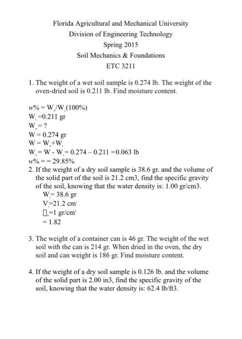 Florida Agricultural And Mechanical University Division Of Engineering Technology Spring 2015 Soil Mechanics Foundatio 1