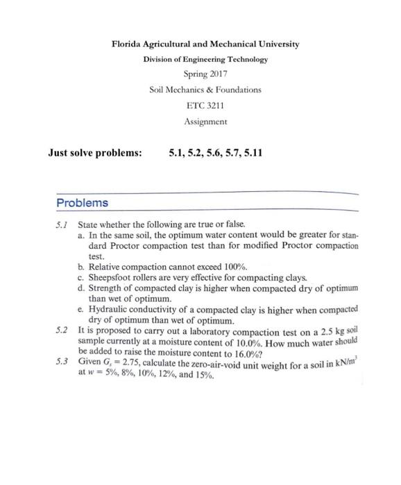 Florida Agricultural And Mechanical University Division Of Engineering Technology Spring 2017 Soil Mechanics Foundatio 1
