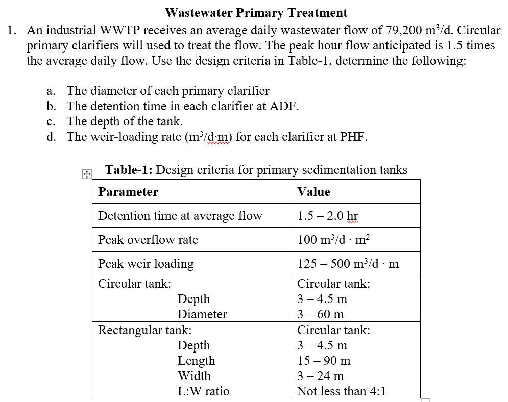 Wastewater Primary Treatment 1 An Industrial Wwtp Receives An Average Daily Wastewater Flow Of 79 200 M D Circular Pr 1