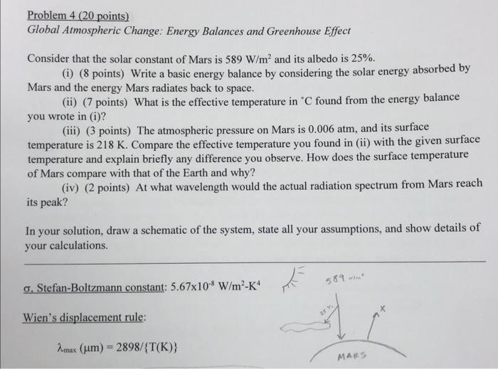 Problem 4 20 Points Global Atmospheric Change Energy Balances And Greenhouse Effect Consider That The Solar Constant 1