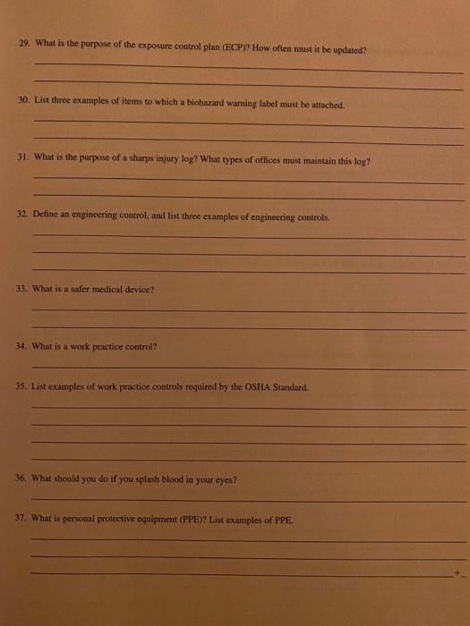 29 What Is The Purpose Of The Exposure Control Plan Ecp How Often Must It Be Updated 30 List Three Examples Of Ite 1