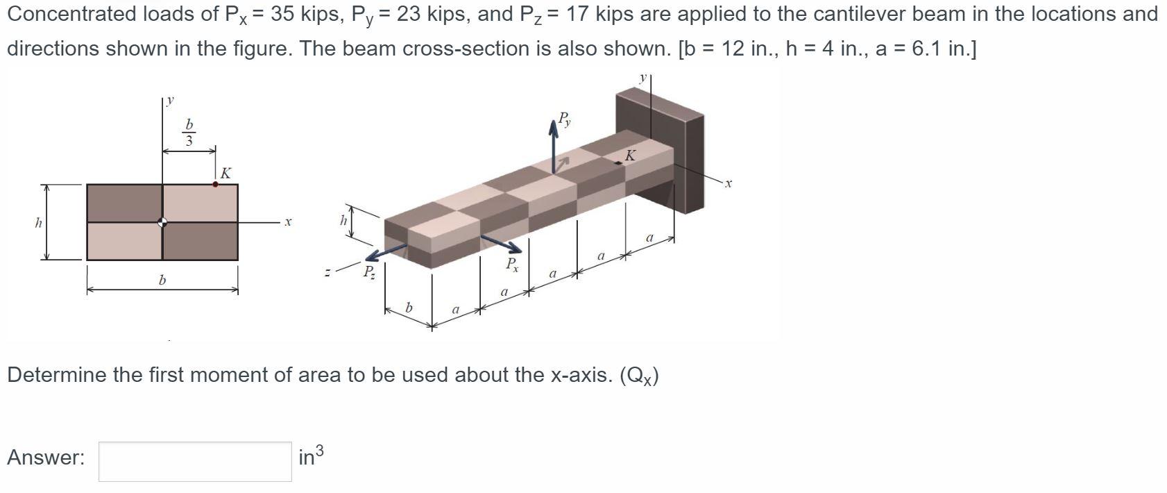 Concentrated Loads Of Px 35 Kips Py 23 Kips And P 17 Kips Are Applied To The Cantilever Beam In The Locations A 1