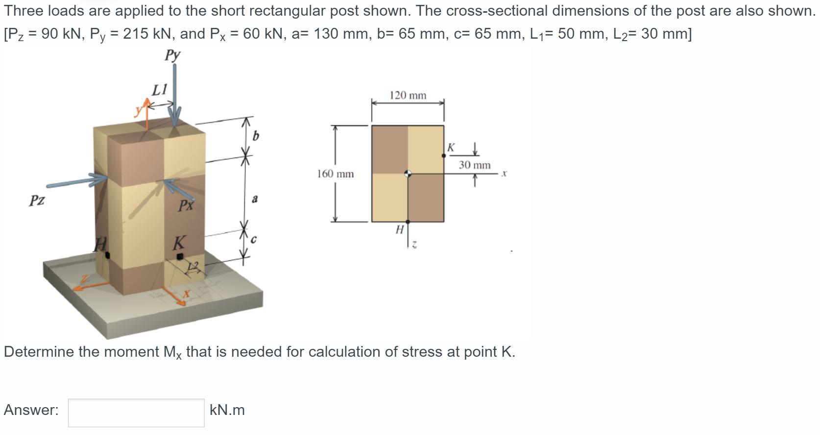 Three Loads Are Applied To The Short Rectangular Post Shown The Cross Sectional Dimensions Of The Post Are Also Shown 1
