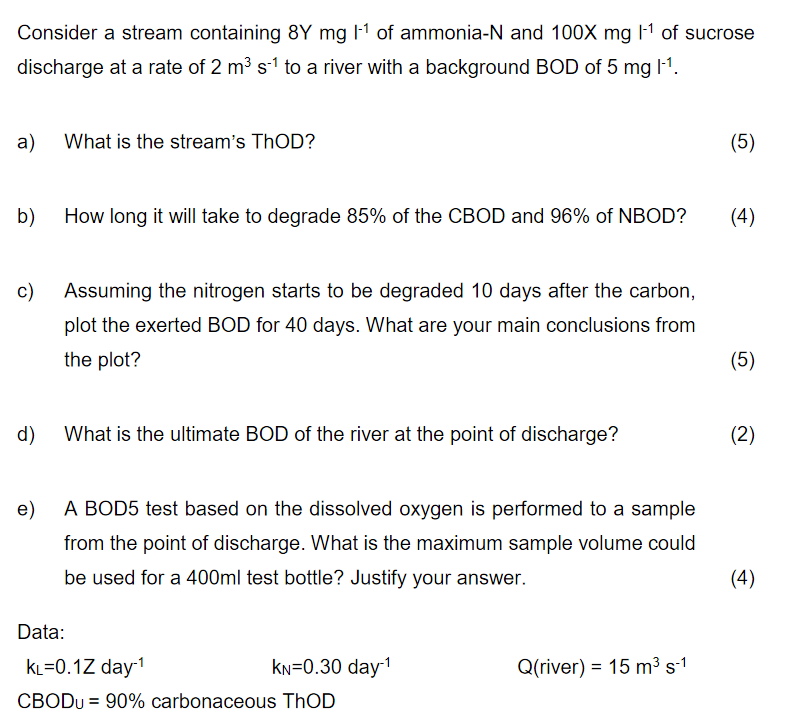 Consider A Stream Containing 8y Mg 1 Of Ammonia N And 100x Mg 1 Of Sucrose Discharge At A Rate Of 2 M S To A Rive 1