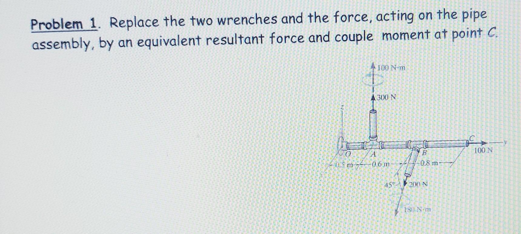 Problem 1 Replace The Two Wrenches And The Force Acting On The Pipe Assembly By An Equivalent Resultant Force And Cou 1