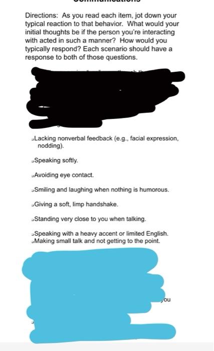 Directions As You Read Each Item Jot Down Your Typical Reaction To That Behavior What Would Your Initial Thoughts Be I 1