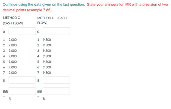 Continue Using The Data Given On The Last Question State Your Answers For Irr With A Precision Of Two Decimal Points E 1