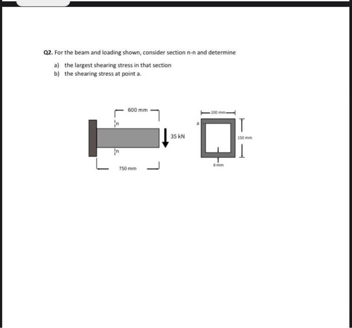 Q2 For The Beam And Loading Shown Consider Section N N And Determine A The Largest Shearing Stress In That Section B 1