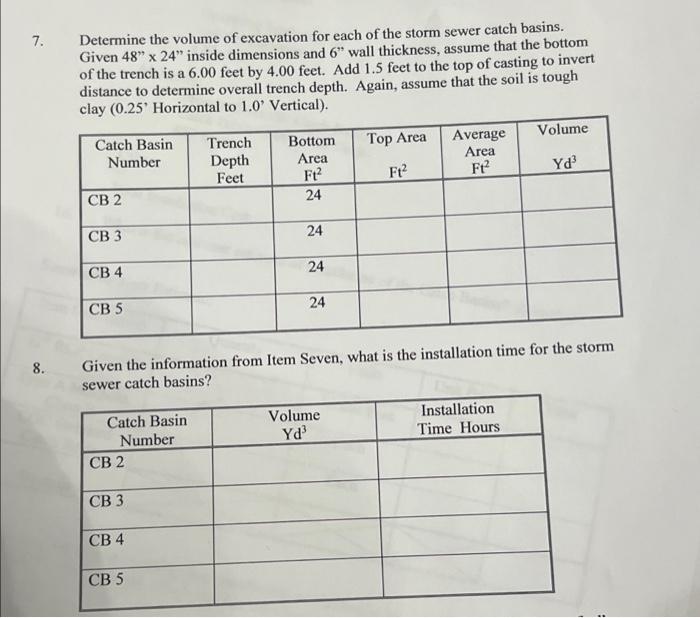 7 Determine The Volume Of Excavation For Each Of The Storm Sewer Catch Basins Given 48 X 24 Inside Dimensions And 6 1
