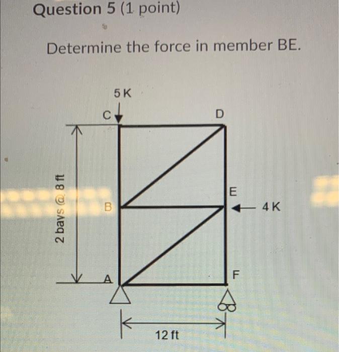 Question 5 1 Point Determine The Force In Member Be 5 K D 2 Bays 8 Ft C B A 12 Ft E F 4k 1