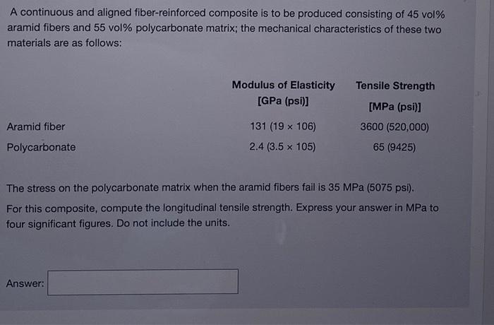 A Continuous And Aligned Fiber Reinforced Composite Is To Be Produced Consisting Of 45 Vol Aramid Fibers And 55 Vol Po 1