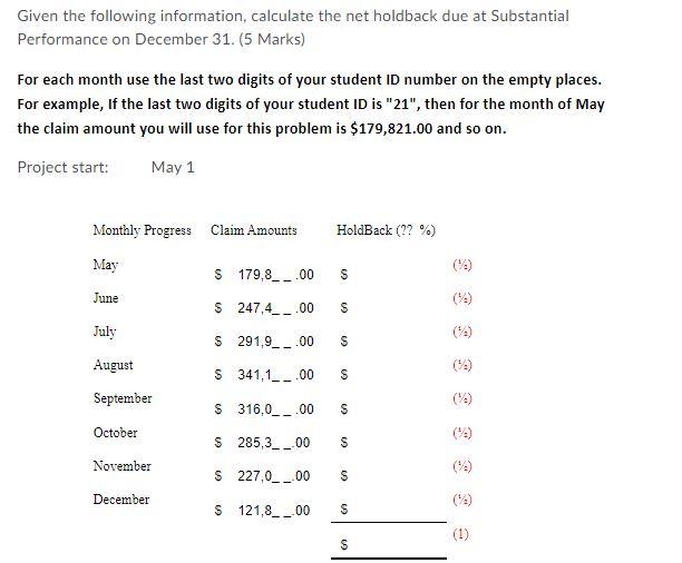 Given The Following Information Calculate The Net Holdback Due At Substantial Performance On December 31 5 Marks For 1