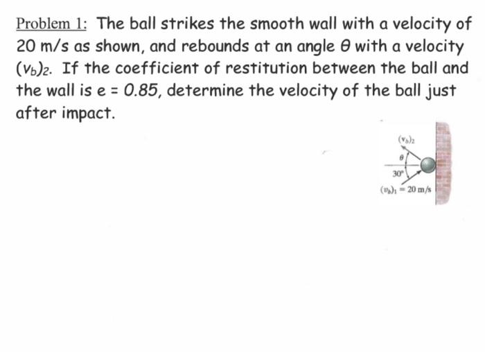 Problem 1 The Ball Strikes The Smooth Wall With A Velocity Of 20 M S As Shown And Rebounds At An Angle With A Velocity 1
