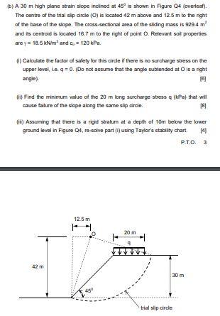 B A 30 M High Plane Strain Slope Inclined At 45 Is Shown In Figure Q4 Overleaf The Centre Of The Trial Slip Circle 1