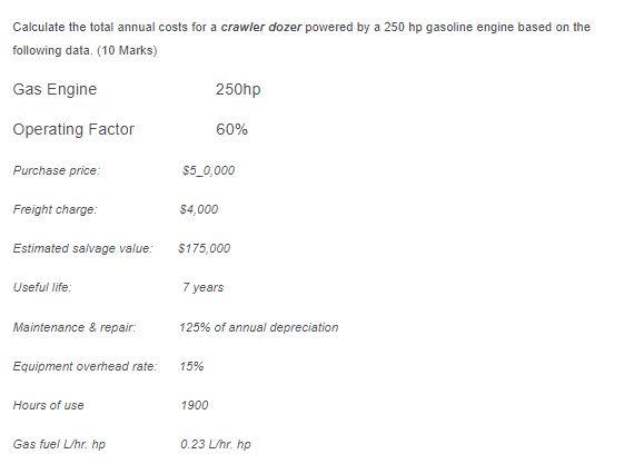 Calculate The Total Annual Costs For A Crawler Dozer Powered By A 250 Hp Gasoline Engine Based On The Following Data 1 1
