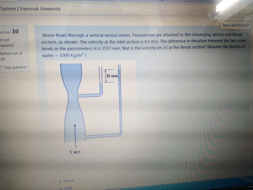 System Yarmouk University Westion 10 Ot Yet Nswered Marked Out Of 00 Flag Question Time Left 0 07 57 Water Flows Thro 1