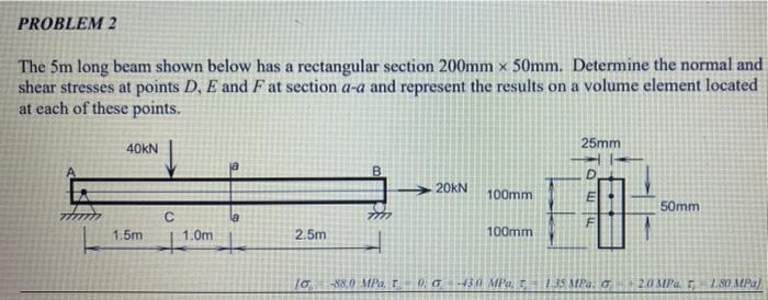 Problem 2 The 5m Long Beam Shown Below Has A Rectangular Section 200mm X 50mm Determine The Normal And Shear Stresses A 1