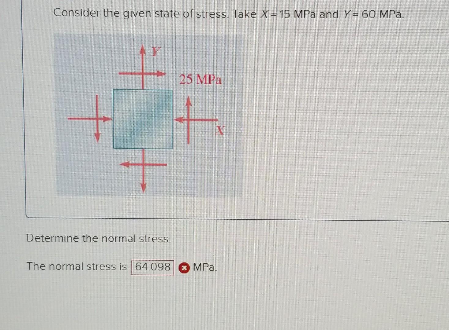 Consider The Given State Of Stress Take X 15 Mpa And Y 60 Mpa Ay 25 Mpa Determine The Normal Stress The Normal Str 1