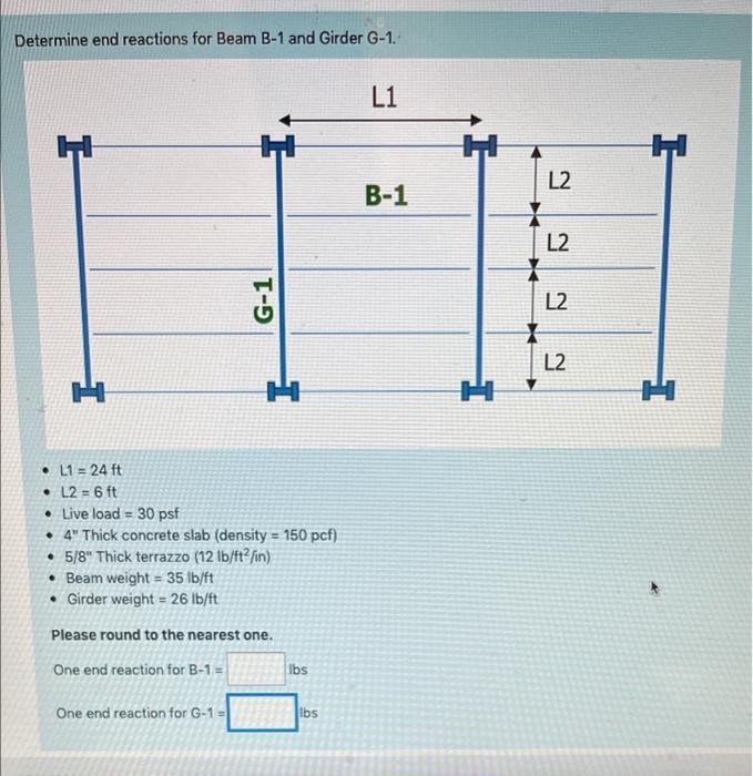 Determine End Reactions For Beam B 1 And Girder G 1 L1 B 1 H H L1 24 Ft L2 6 Ft Live Load 30 Psf 4 Thick Con 1