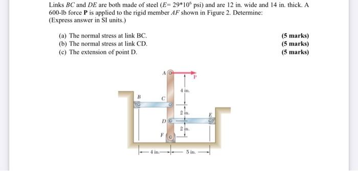 Links Bc And De Are Both Made Of Steel E 29 10 Psi And Are 12 In Wide And 14 In Thick A 600 Lb Force P Is Applied T 1