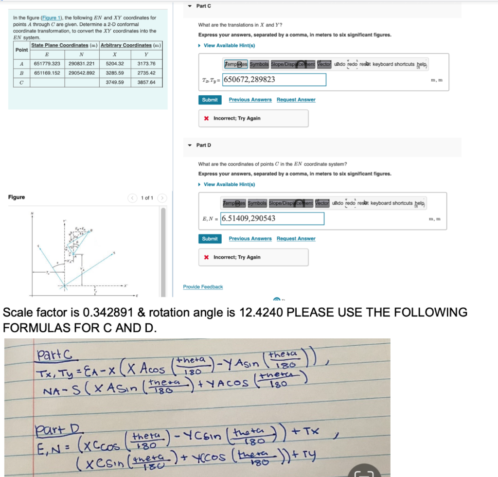 Part C In The Figure Figure 1 The Following En And Xy Coordinates For Points A Through C Are Given Determine A 2 D C 1