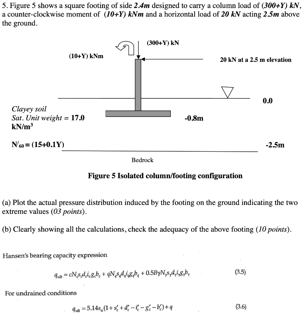 5 Figure 5 Shows A Square Footing Of Side 2 4m Designed To Carry A Column Load Of 300 Y Kn Moment Of 10 Y Knm And 1