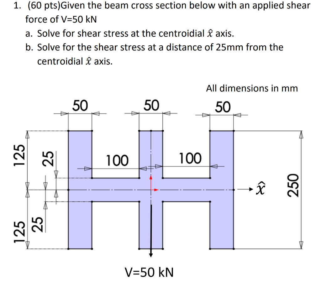 1 60 Pts Given The Beam Cross Section Below With An Applied Shear Force Of V 50 Kn A Solve For Shear Stress At The C 1