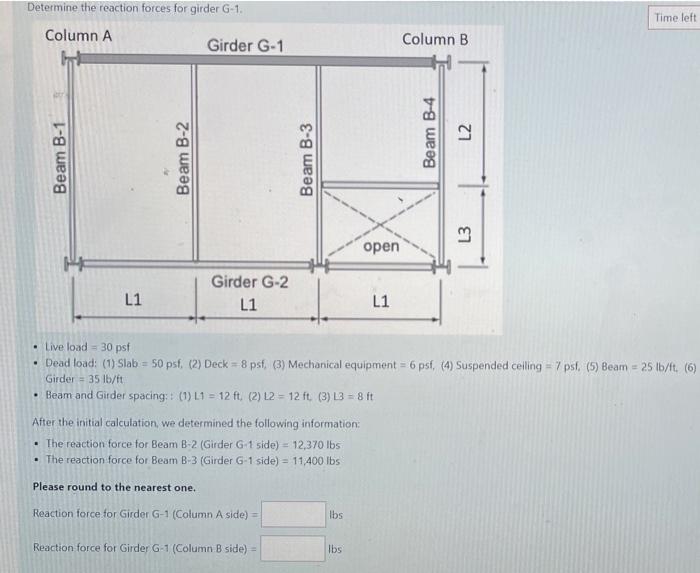 Determine The Reaction Forces For Girder G 1 Column A Time Left Open Girder G 2 L1 L1 Live Load 30 Psf Dead Load 1 1