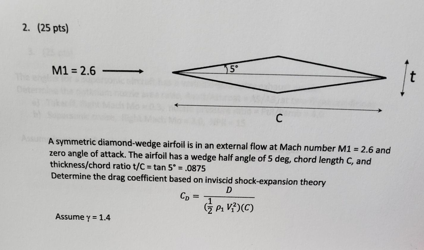 2 25 Pts 5 M1 2 6 T C Aasum A Symmetric Diamond Wedge Airfoil Is In An External Flow At Mach Number M1 2 6 And Z 1