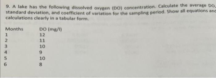 9 A Lake Has The Following Dissolved Oxygen Do Concentration Calculate The Average Do Standard Deviation And Coeffi 1