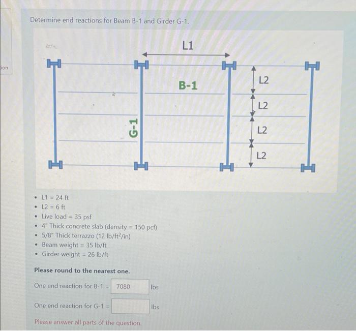 Ion Determine End Reactions For Beam B 1 And Girder G 1 L1 H B 1 G 1 H H L1 24 Ft L2 6 Ft Live Load 35 Psf 4 1