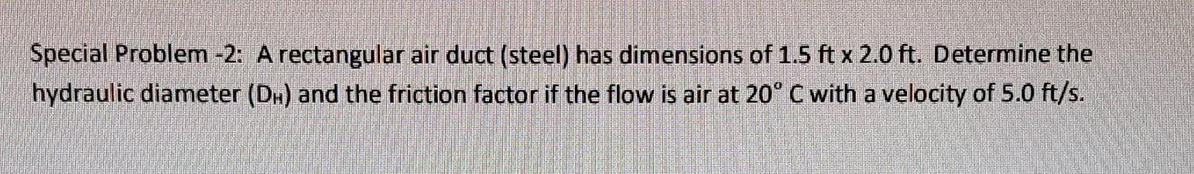 Special Problem 2 A Rectangular Air Duct Steel Has Dimensions Of 1 5 Ft X 2 0 Ft Determine The Hydraulic Diameter 1