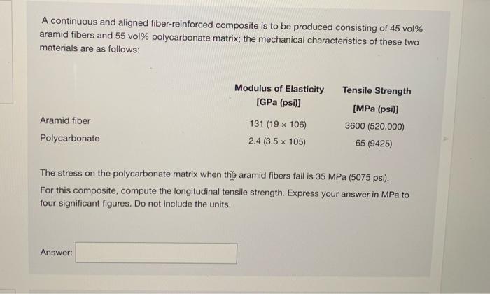 A Continuous And Aligned Fiber Reinforced Composite Is To Be Produced Consisting Of 45 Vol Aramid Fibers And 55 Vol Po 1