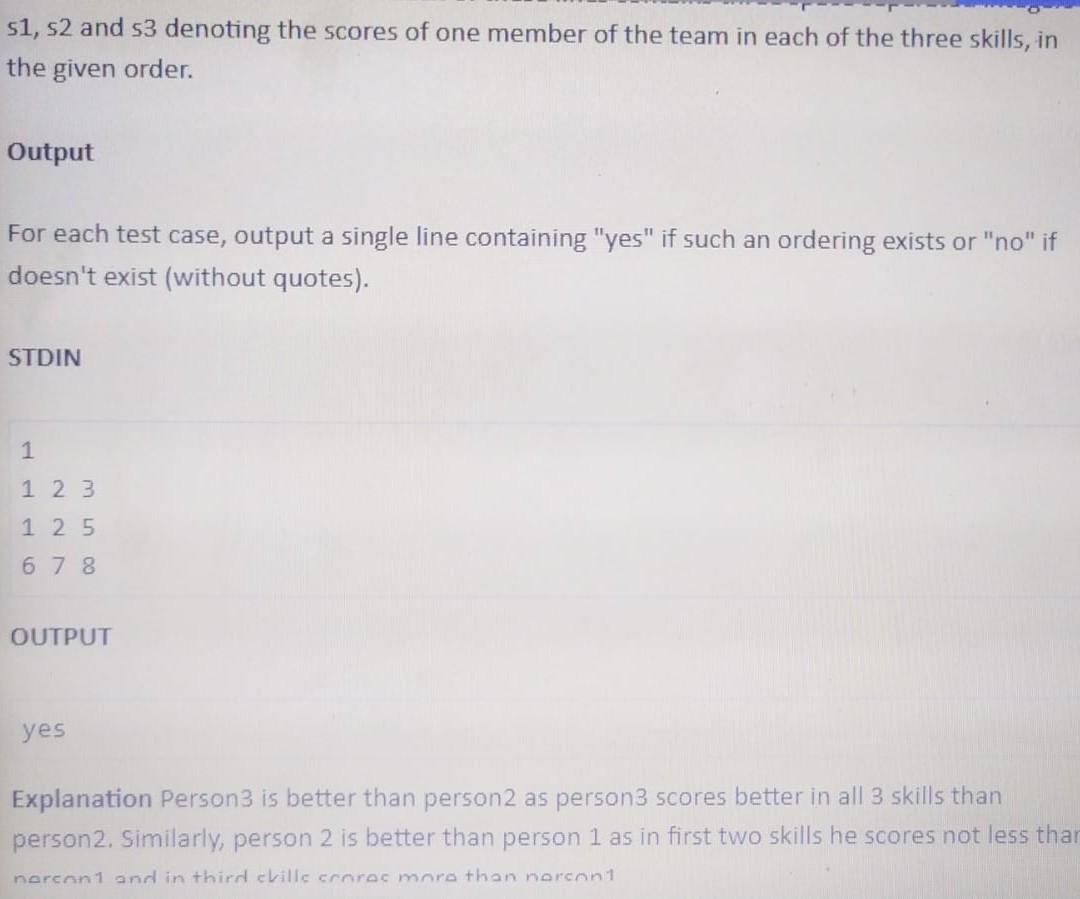 Winning Team John Organizes A Competition Where A Team Of Three People Can Participate Score Of Each Person In Three Di 6
