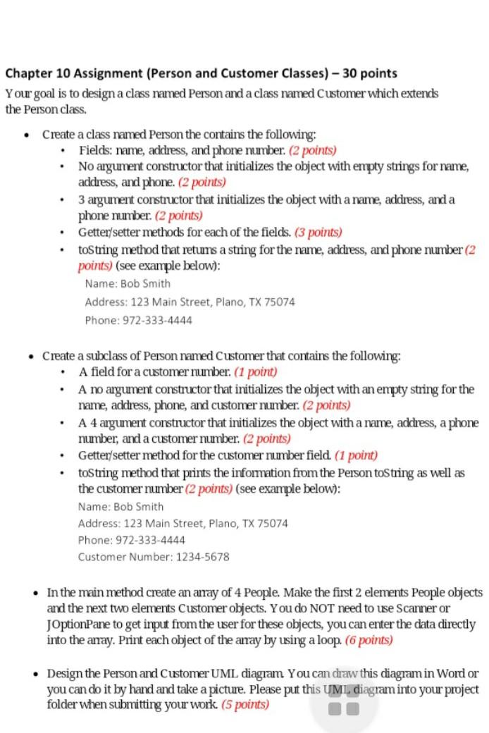 Chapter 10 Assignment Person And Customer Classes 30 Points Your Goal Is To Design A Class Named Person And A Class 1