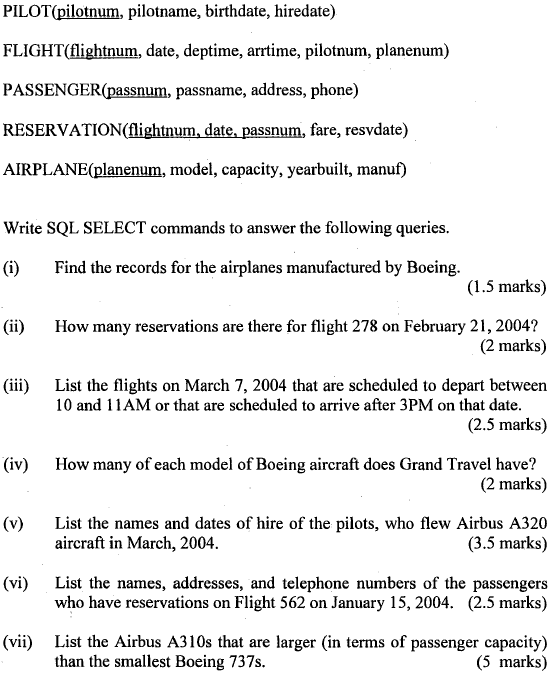 Pilot Pilotnum Pilotname Birthdate Hiredate Flight Flightnum Date Deptime Arrtime Pilotnum Planenum Passenger 1