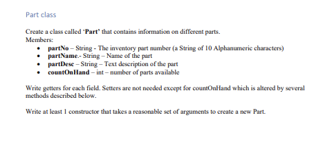 Part Class Create A Class Called Part That Contains Information On Different Parts Members Partno String The Inv 1
