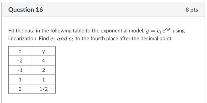 Question 16 8 Pts Fit The Data In The Following Table To The Exponential Model Y C Et Using Linearization Find C A 1