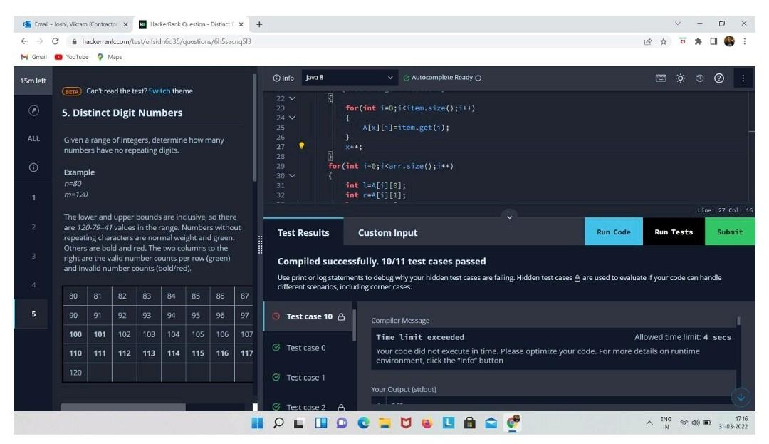 Email Joshi Vikram Contractor X C F M Gmail 15m Left All 0 1 2 Hackerrank Question Distinct X Hackerrank Com Test Ei 1