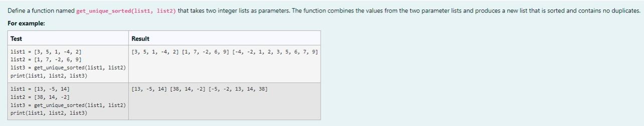 Define A Function Named Get Unique Sorted List1 List2 That Takes Two Integer Lists As Parameters The Function Combin 1