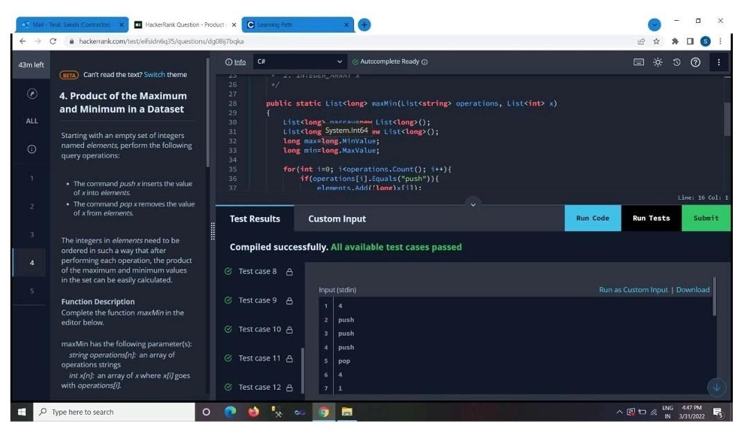 Mail Taral Sakshi Contractor X C 43m Left All H 5 Hackerrank Question Product X Hackerrank Com Test Eifsidn6q35 Que 1