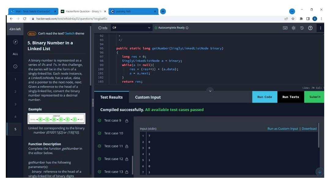 Mall Tarat Sakshi Contracto0 Hackerrank Question Binary X C Learning Path Chackerrank Com Test Eifsidn6q35 Questio 1