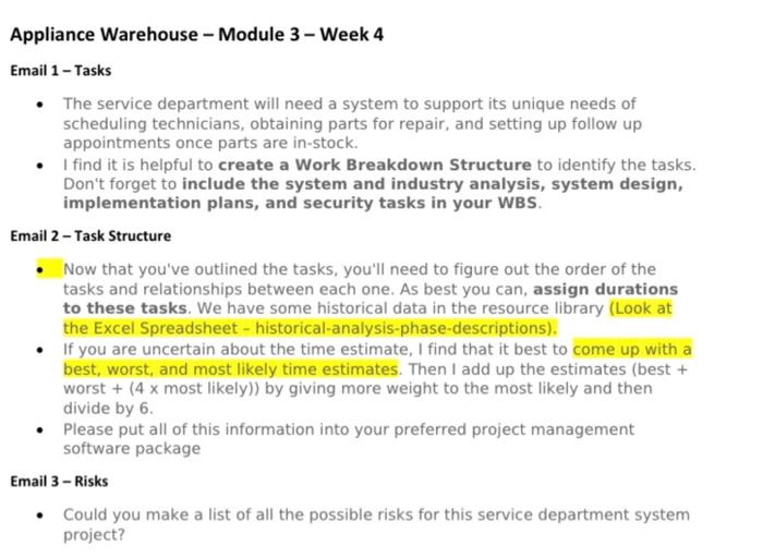 Appliance Warehouse Module 3 Week 4 Email 1 Tasks The Service Department Will Need A System To Support Its Unique Ne 1