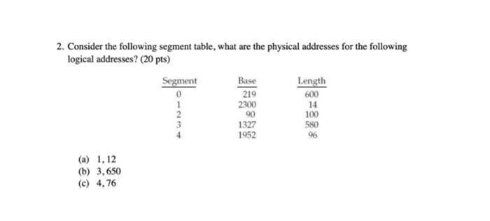 2 Consider The Following Segment Table What Are The Physical Addresses For The Following Logical Addresses 20 Pts S 1